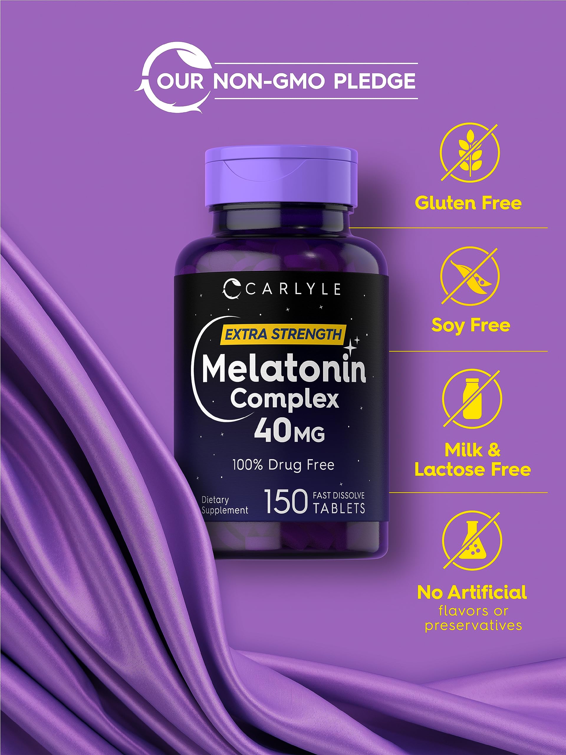Carlyle Melatonin 40mg Complex | 150 Fast Dissolve Tablets | Extra Strength Support | with Ashwagandha and Chamomile | Vegetarian, Non-GMO, Gluten Free Supplement